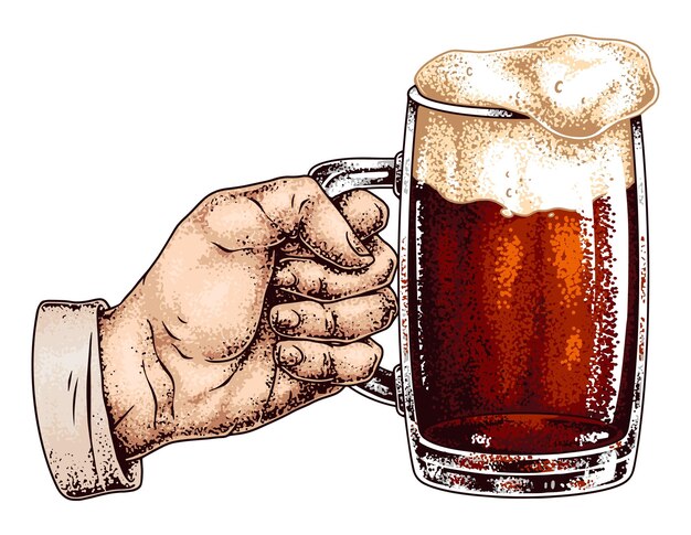 手にビールの泡をかぶったカップで祝う