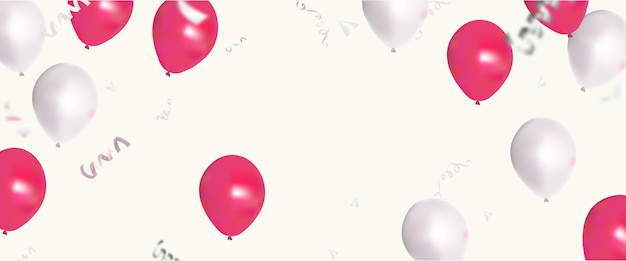 Vettore festeggia con palloncini rosa e bianchi con coriandoli per decorazioni festive illustrazione vettoriale