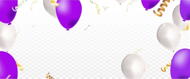 Festeggia con palloncini viola e bianchi con coriandoli d'oro per l'illustrazione vettoriale delle decorazioni festive