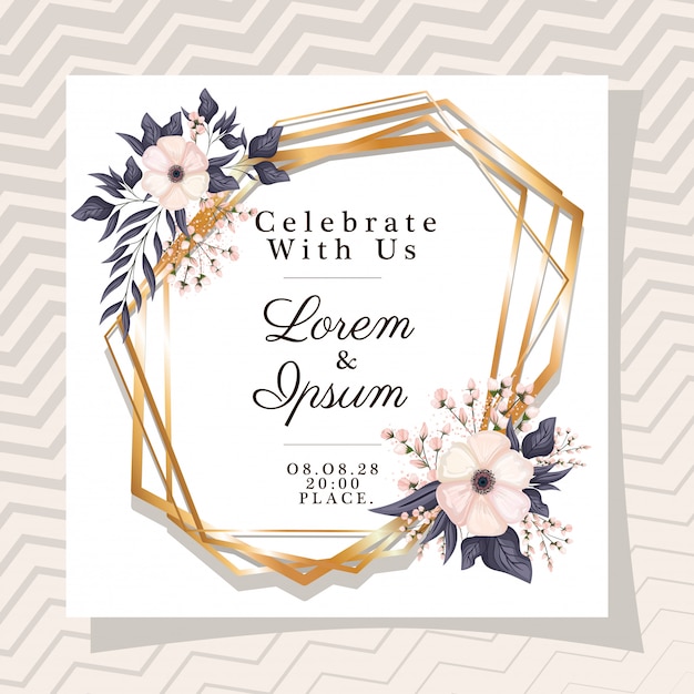 Celebrate with us text in gold frame with flowers and leaves