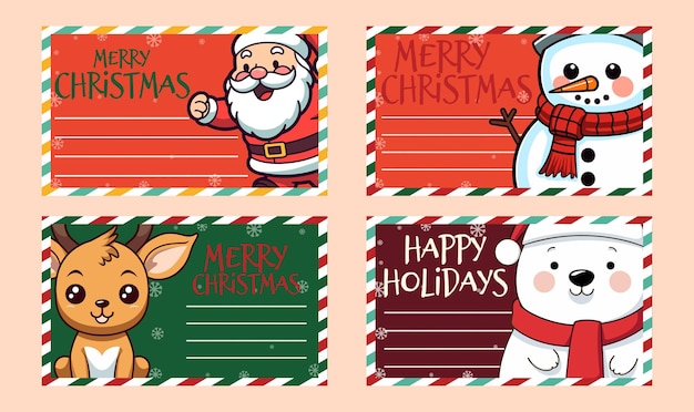 Vector celebrate xmas amp new year with winter vector card set santa reindeer snowman bear