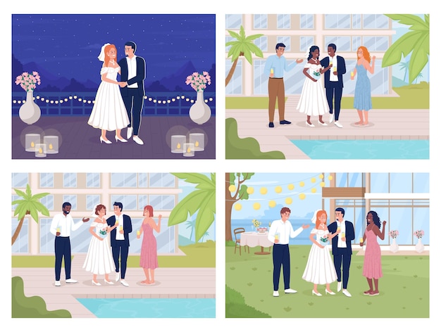 Vector celebrating allinclusive wedding at resort flat color vector illustration set