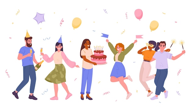 함께 춤추고 즐거움을 나누는 사람들, 친구들, 축하 파티, 평면 터 일러스트레이션, 기념일 또는 생일 파티 축하