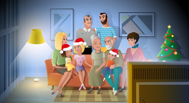 Celebrating Christmas with Family Cartoon Vector