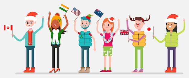 世界でクリスマスを祝います。カナダ、アメリカ、オーストラリア、インド、イギリス、日本の国旗と休日の衣装で幸せな人。背景に男性と女性のキャラクター。