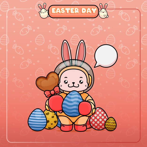 Celebrating easter day easter bunny in an astronaut suit holding a big egg and love chocolate