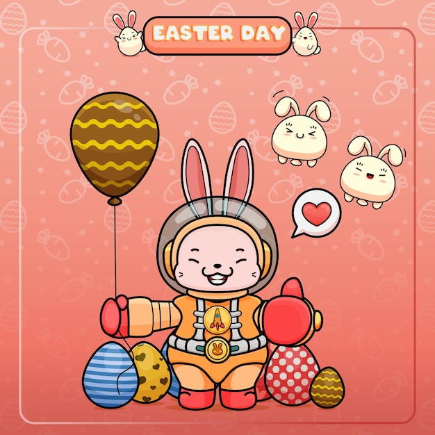 Celebrating easter day easter bunny in astronaut suit holding an easter egg balloon show ok sign