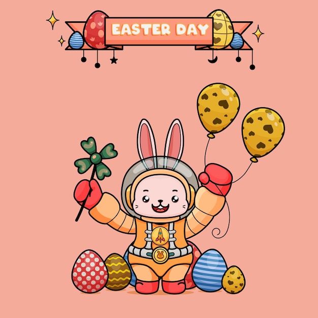 celebrating easter day easter bunny cartoon in an astronaut suit holding balloons and cloverleaf