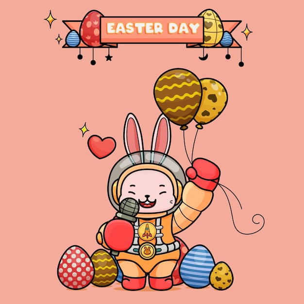 celebrating easter day easter bunny cartoon in an astronaut suit holding balloons and mic