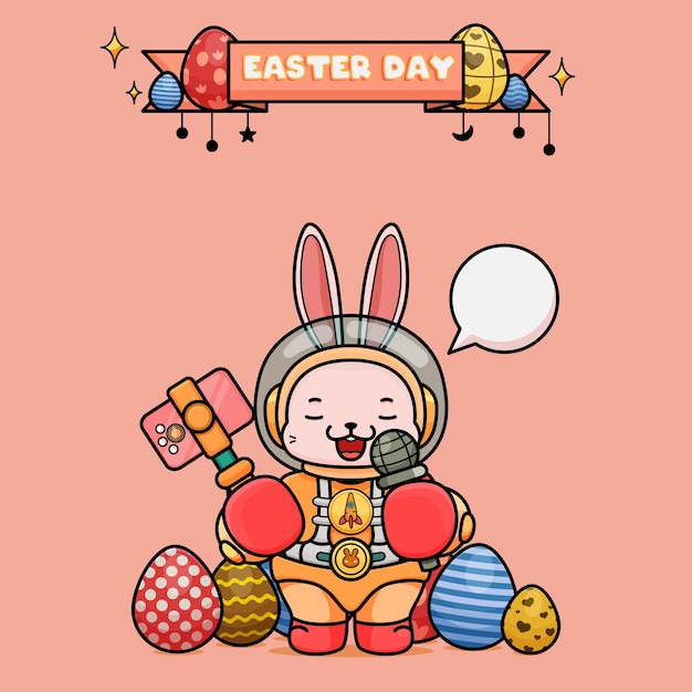 celebrating easter day easter bunny cartoon in an astronaut suit holding phone and mic