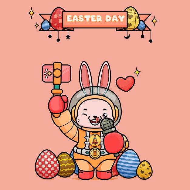 celebrating easter day easter bunny cartoon in an astronaut suit holding phone and microphone