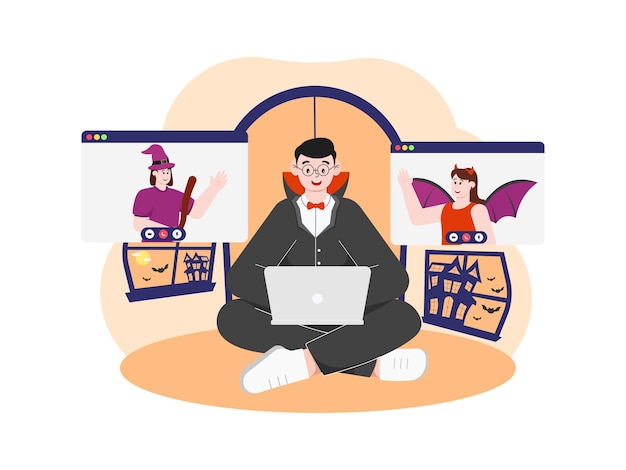 Vector celebrating halloween party via video call illustration