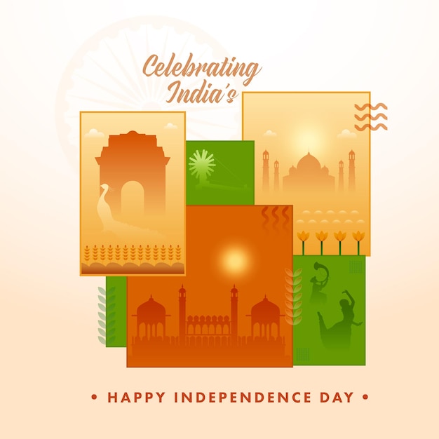 Celebrating india's independence day concept with beautiful various images of famous monument and showing their culture over background.