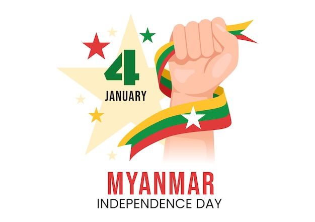 Celebrating Myanmar Independence Day on January 4th with Flags in Cartoon Background Illustration