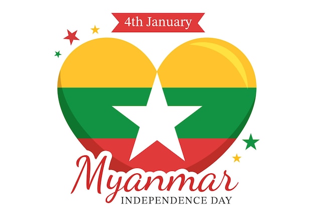 ベクトル 1 月 4 日に漫画の背景イラストのフラグとミャンマー独立記念日を祝う