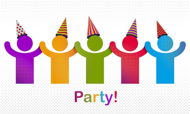 Celebrating people vector concept simple illustration or icon, celebration anniversary or holiday fun, group of cheerful happy people having fun at party.