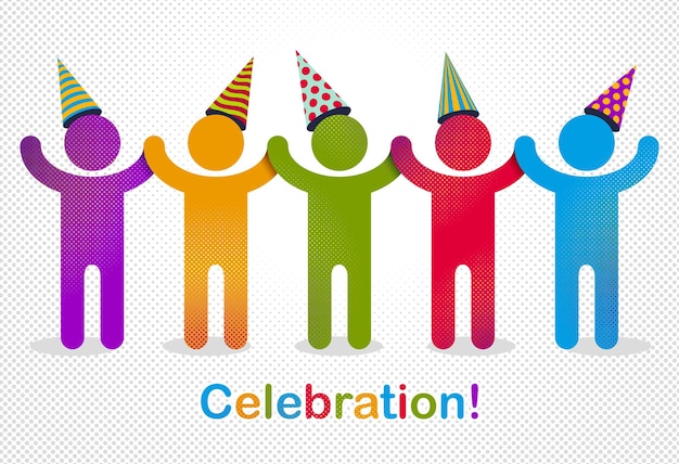 축하하는 사람들 벡터 개념 간단한 일러스트레이션 또는 아이콘, 축하 기념일 또는 휴일 재미, 파티에서 즐거운 시간을 보내는 쾌활한 행복한 사람들의 그룹.