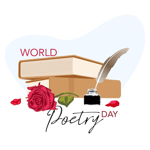 Vettore celebrando la giornata mondiale della poesia con libri inchiostri e vari oggetti nel mondo della scrittura