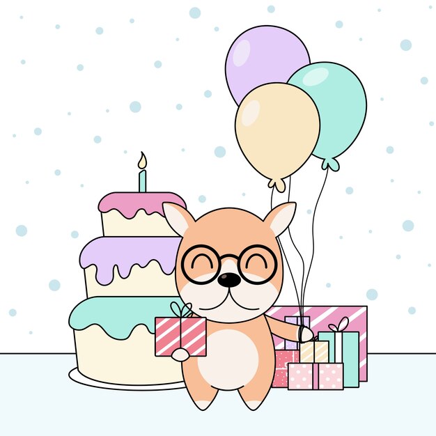 Celebratioin of cute dog with cake, gift and balloons.