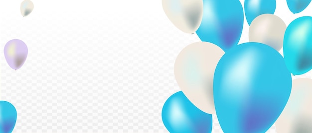 Celebration banner blue and white balloons with gold confetti Vector illustration