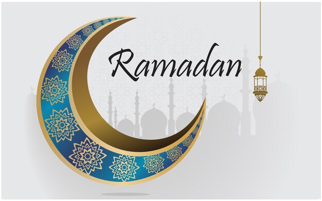 Banner di celebrazione con moschea di lanterne islamiche e luna d'oro