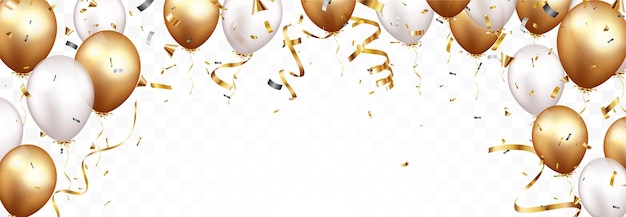 Celebration banner with gold confetti and balloons isolated  