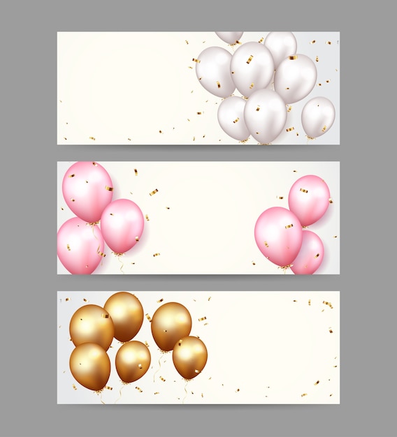 Vector celebration banner with gold confetti and balloons