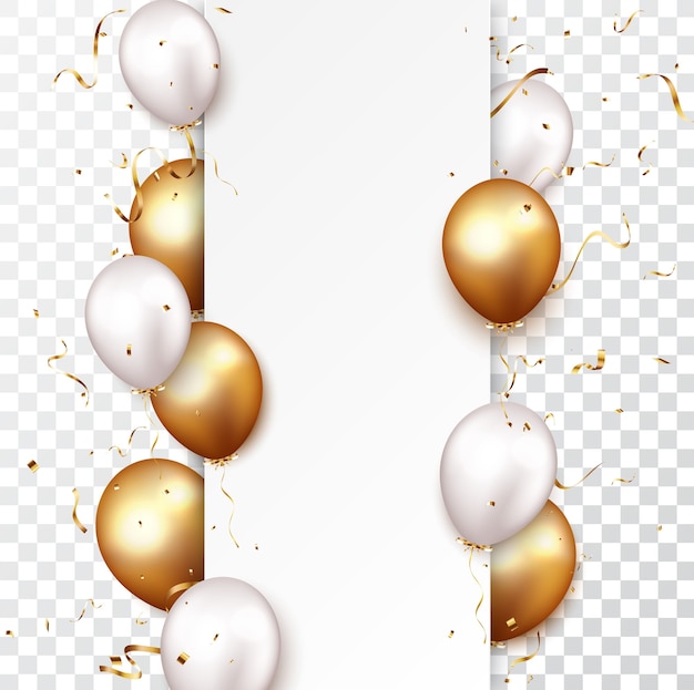 Celebration banner with gold confetti and balloons