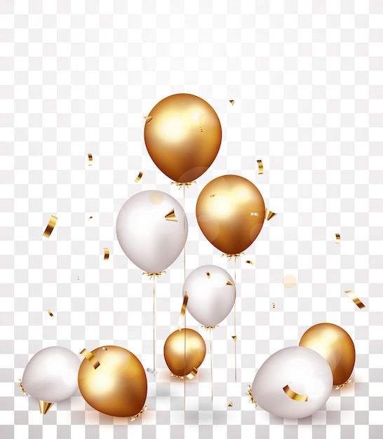Вектор Праздничный баннер с золотыми, серебряными воздушными шарами и конфетти