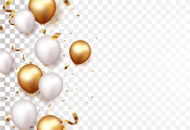 Vettore banner festa con palloncini oro e argento e coriandoli