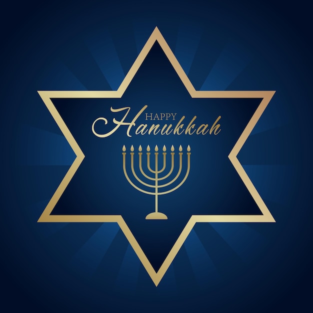 Вектор Праздничная открытка с золотым текстом happy hanukkah, люстра с девятью свечами и звезда давида