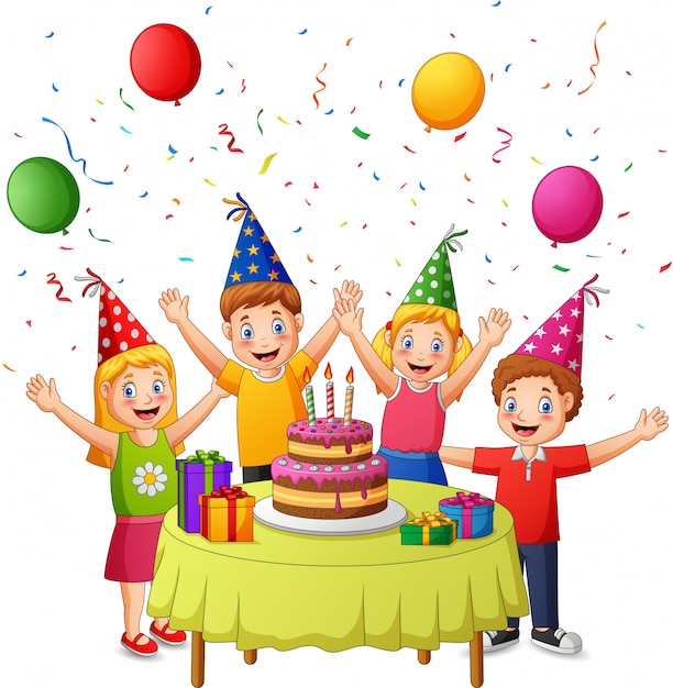 Celebrazione festa di compleanno per bambini con torta, confezione regalo, coriandoli e palloncino. illustrazione