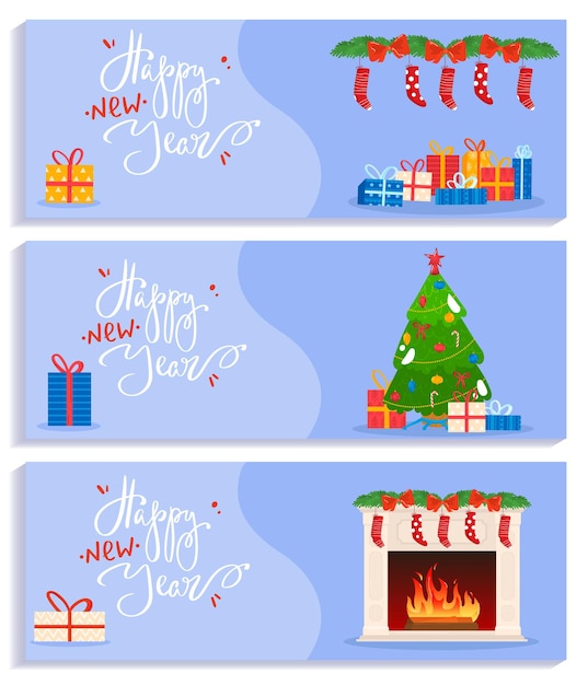 Празднование рождества главное украшение праздничный набор зимние баннеры уютный традиционный интерьер мультфильм