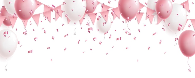 Celebration cute pink background with balloons, flag garland and foil confetti
