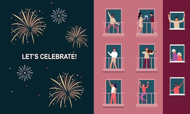 Vector celebration at home with neighbors people standing on balconies looking out of windows fireworks