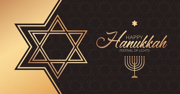 Vettore illustrazione di celebrazione con testo dorato happy hanukkah, lampadario e stella di david