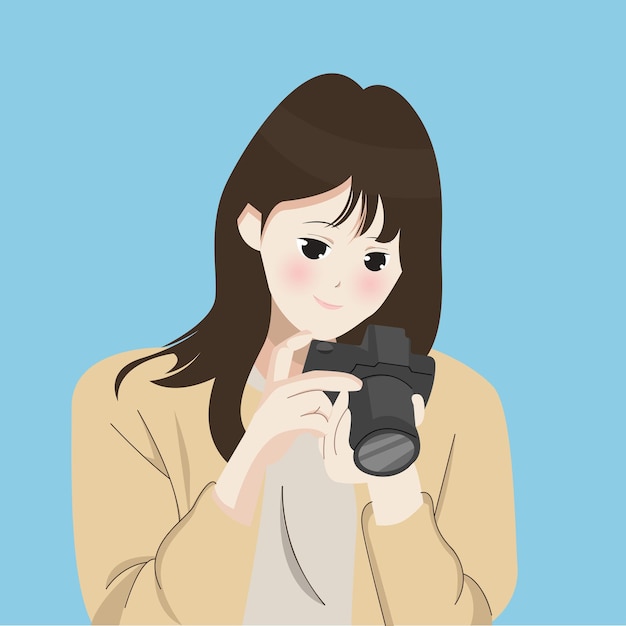 カメラを持った美しい女の子のイラストを使った全国写真デーのお祝い