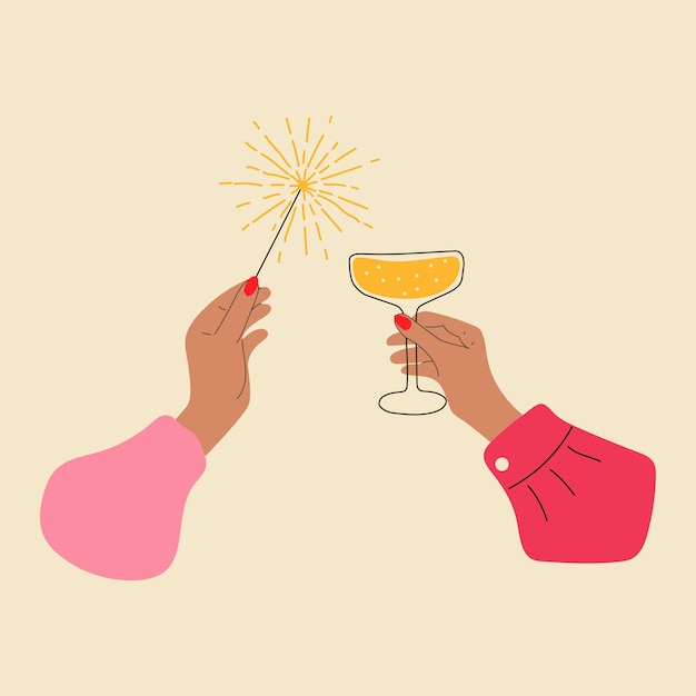 Celebration of the new year. Hands hold champagne and sparklers