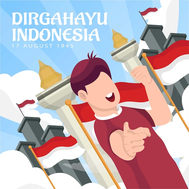 Празднование дня независимости индонезии 17 августа (dirgahayu republik indonesia). индонезийские национальные флаги. векторные иллюстрации