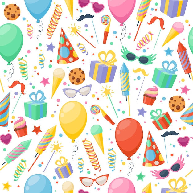 Vector celebration party carnival festive icons seamless pattern. colorful symbols - hat, mask, gifts, balloon.