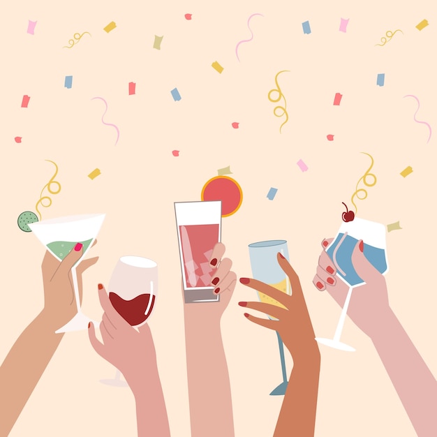 Celebration with raised hands with glasses