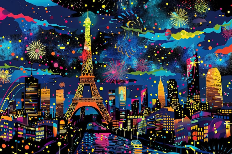 Vector celebratory colorful fireworks over the eiffel tower in paris france