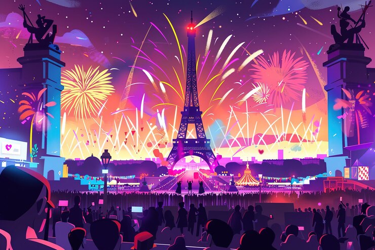 Vector celebratory colorful fireworks over the eiffel tower in paris france