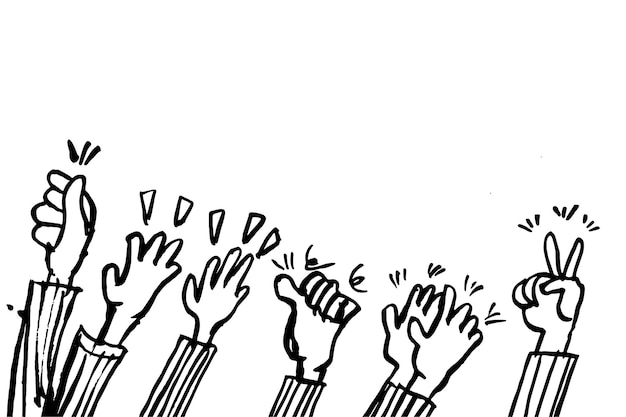 Doodle di celebrazione illustrazione vettoriale disegnata a mano di applausi e gesti del pollice in su