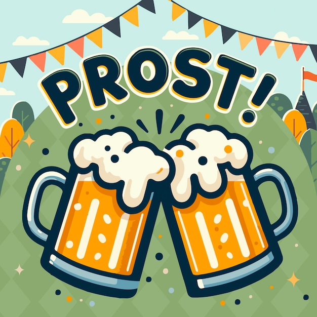 프로스트 배너와 함께 축하하는 옥토버페스트 맥주 환호 일러스트레이션