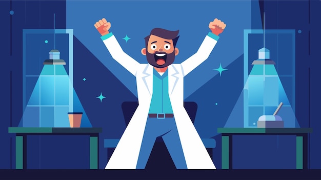 Vector celebratory scientist in laboratory at night