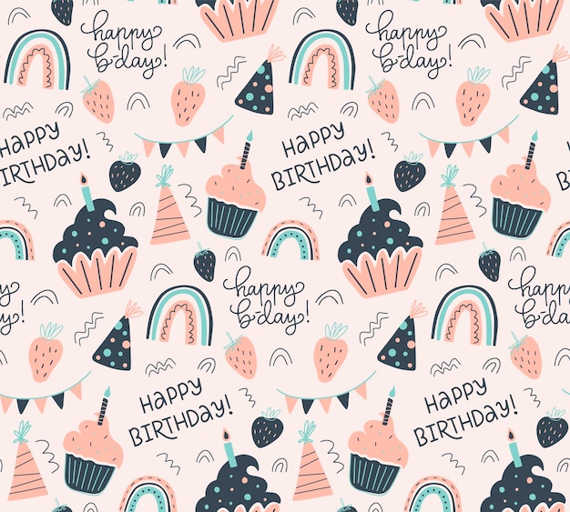 Vector celebratory seamless pattern with cupcakes strawberry party hats rainbows garland calligraphy of happy birthday cute vector illustration flat style concept for greeting card wrapping paper