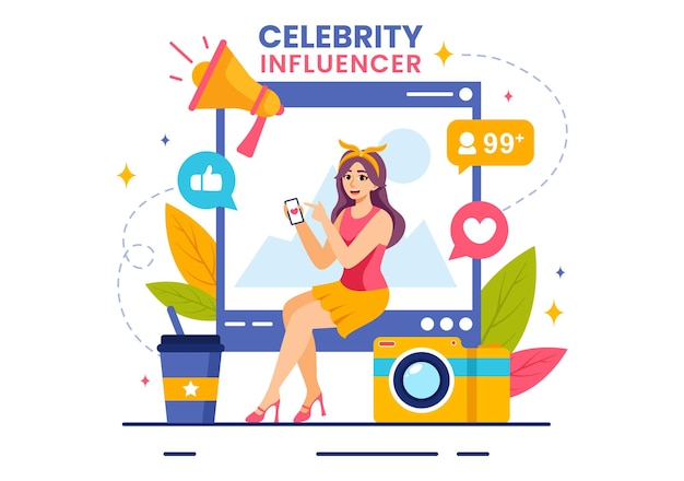 Vector celebrity influencer vector illustration with posts on internet for advertising marketing or endorse