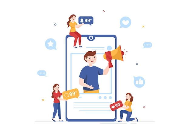 Celebrity influencer con post su internet per marketing pubblicitario o approvazione in illustrazione piatta