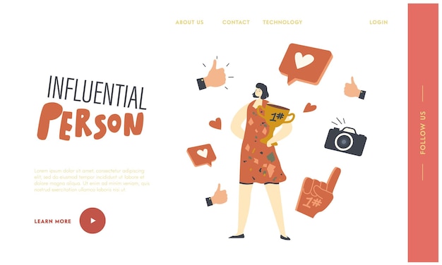 Vector celebrity star lifestyle landing page template. female vip person character with goblet posing to paparazzi. famous actress or model attract attention of photographers. linear vector illustration